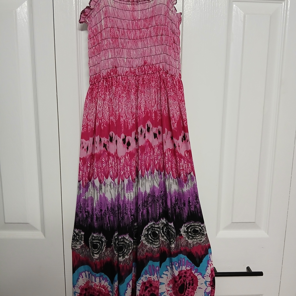 Tie Dye Smocked Sundress Pink Purple Midi Scoop Neck Strappy Sleeve Cotton L
